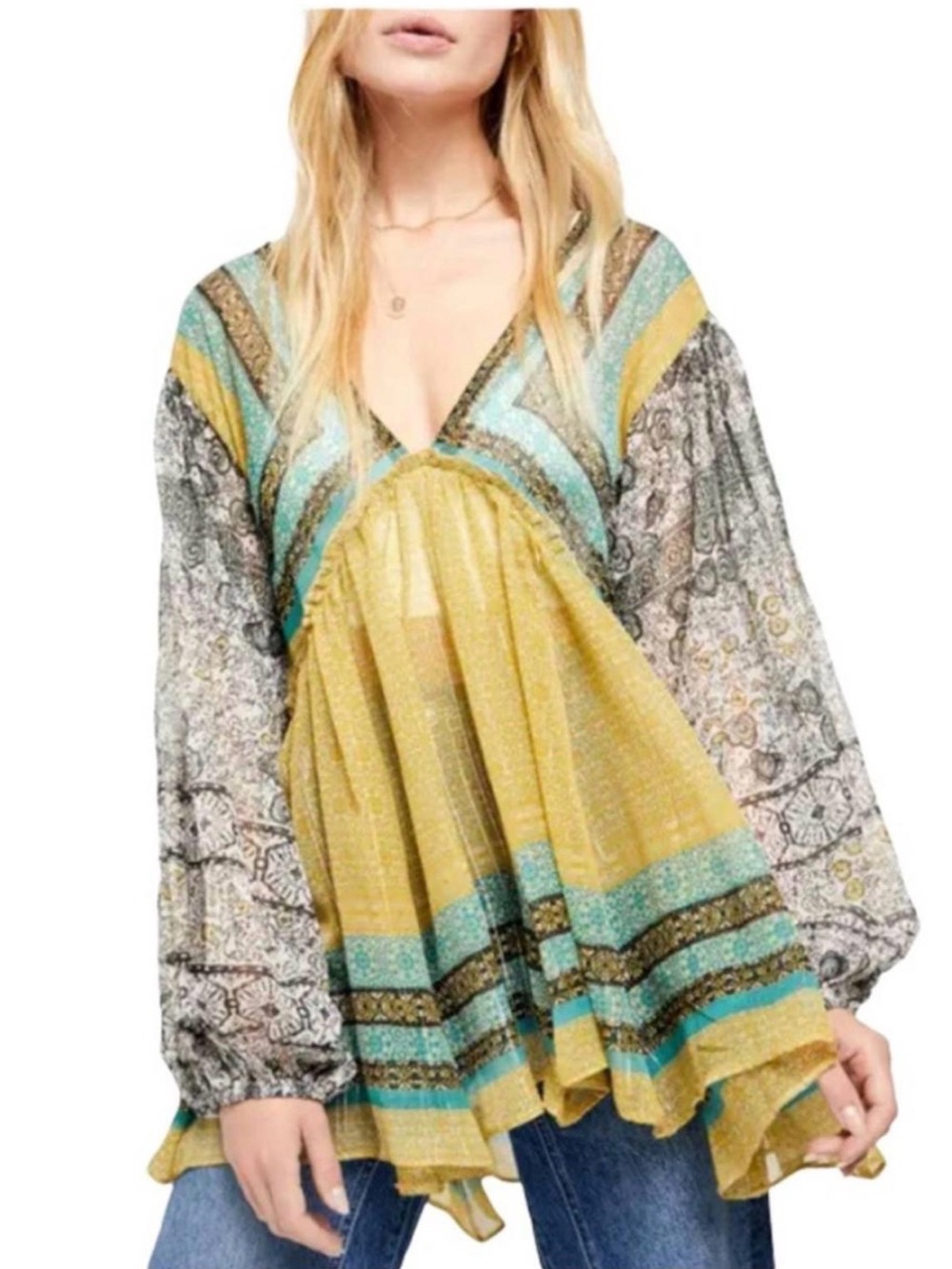 Free People Aliyah Tobacco Flower Tunic Top, Size S Color Gold/Turquoise/Black